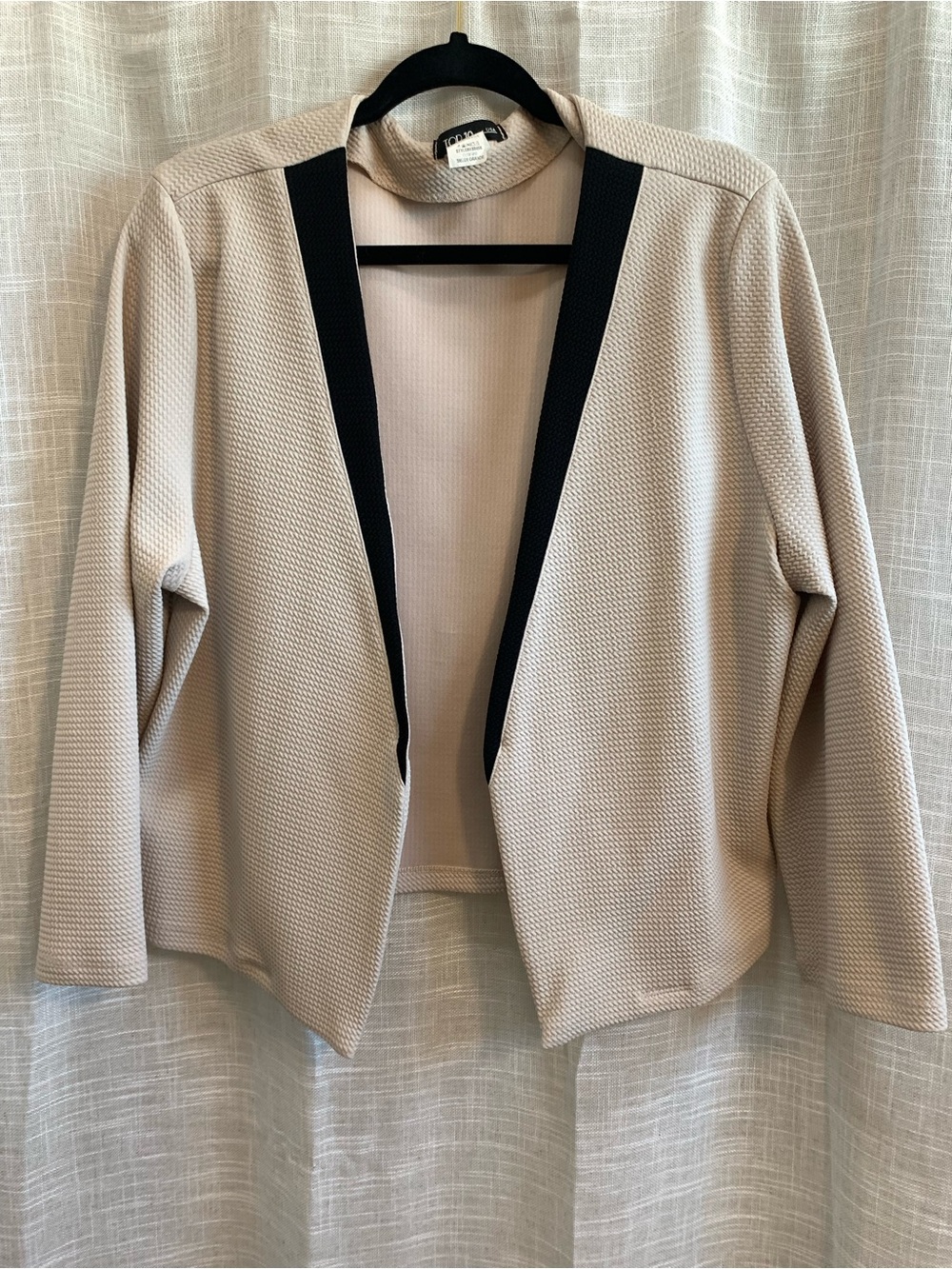 Open-Front Beige Jacket with Black Trim